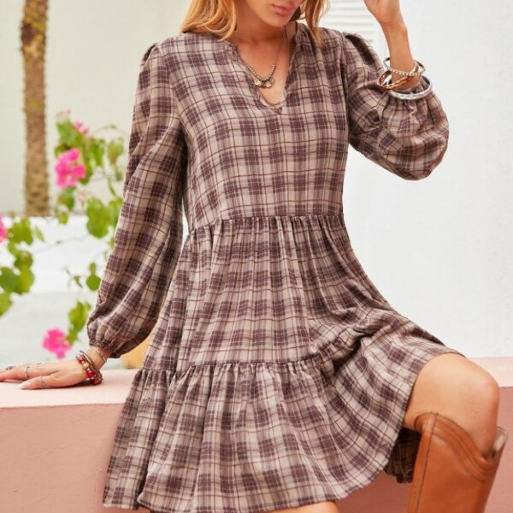 Plaid ruffle hem lantern sleeve dress Tan - Picture 2 of 7